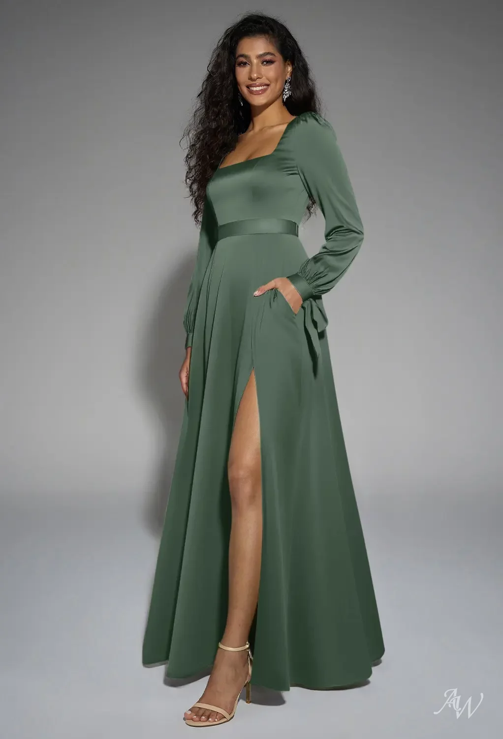 AW Rose Dress, Dark Navy Satin Charmeuse Floor Length Square